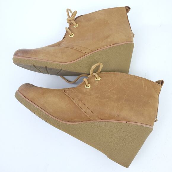 Sperry Wedge Leather Boot Lace Up Size 7.5 Brown Tan Distressed Boho Festival - Picture 3 of 7